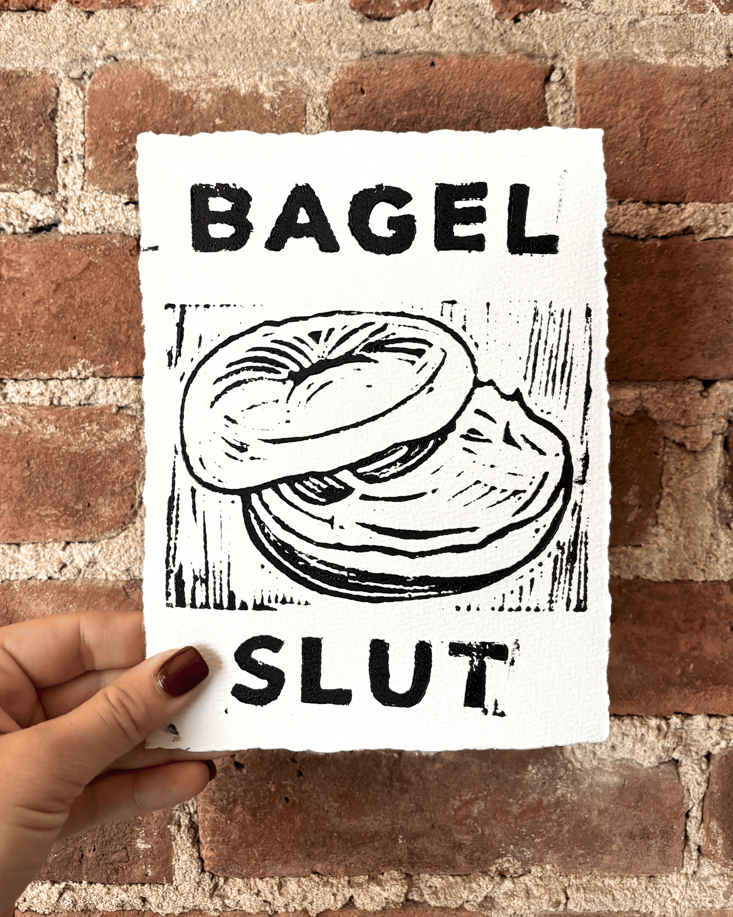 "Bagel Slut" 8x6" Original Linocut Print