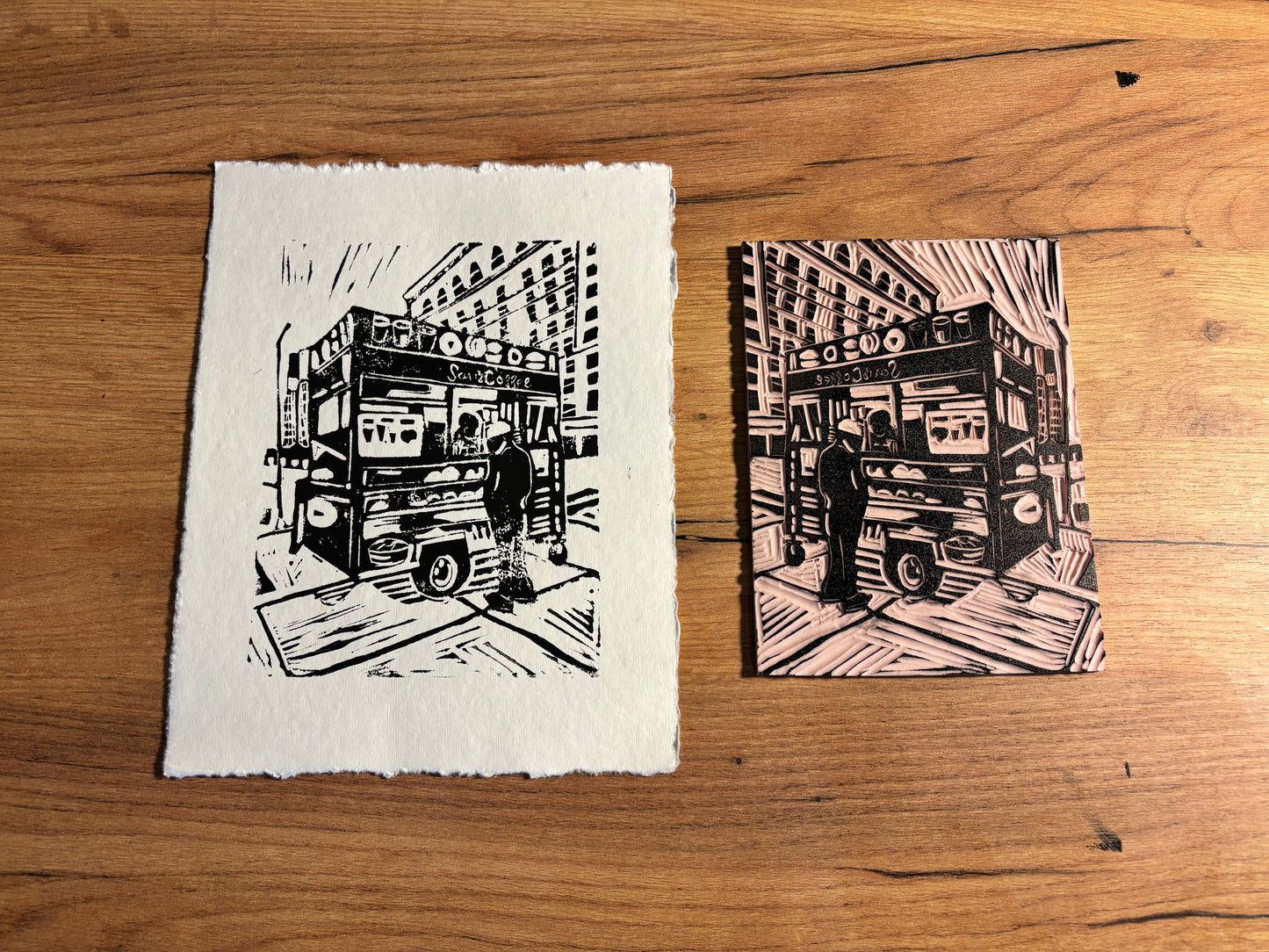 "Sam's Coffee" 8.5x11" Original Linocut Block Print