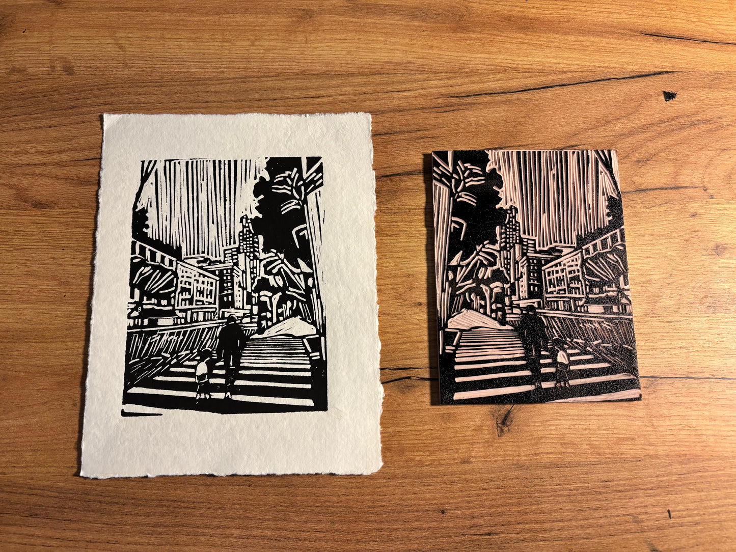 "Morning Drop Off" 8.5x11" Original Linocut Block Print