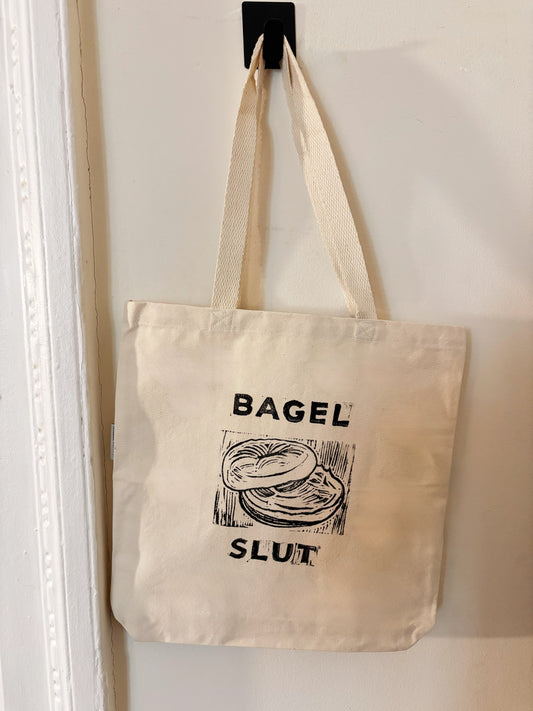 "Bagel Sl*t" Original Linocut Printed Tote Bag (Organic Cotton)