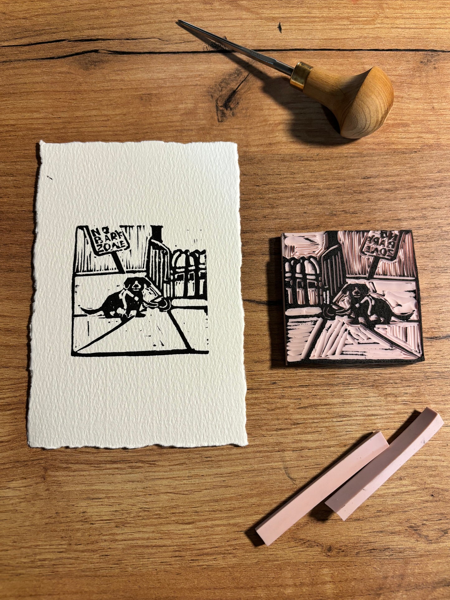 "No Barking" 6x4" Original Linocut Block Print