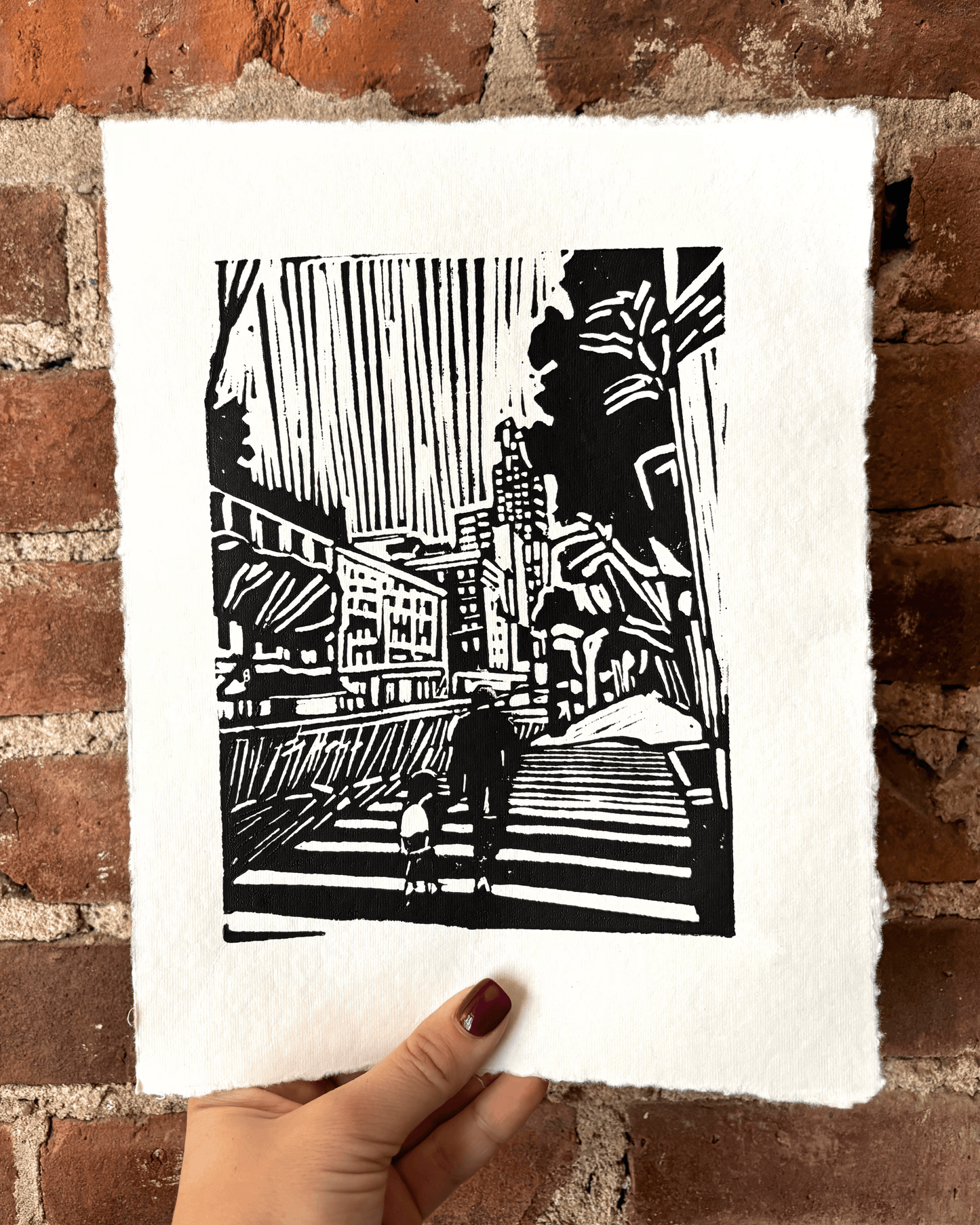 "Morning Drop Off" 8.5x11" Original Linocut Block Print