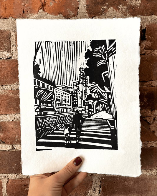 "Morning Drop Off" 8.5x11" Original Linocut Block Print