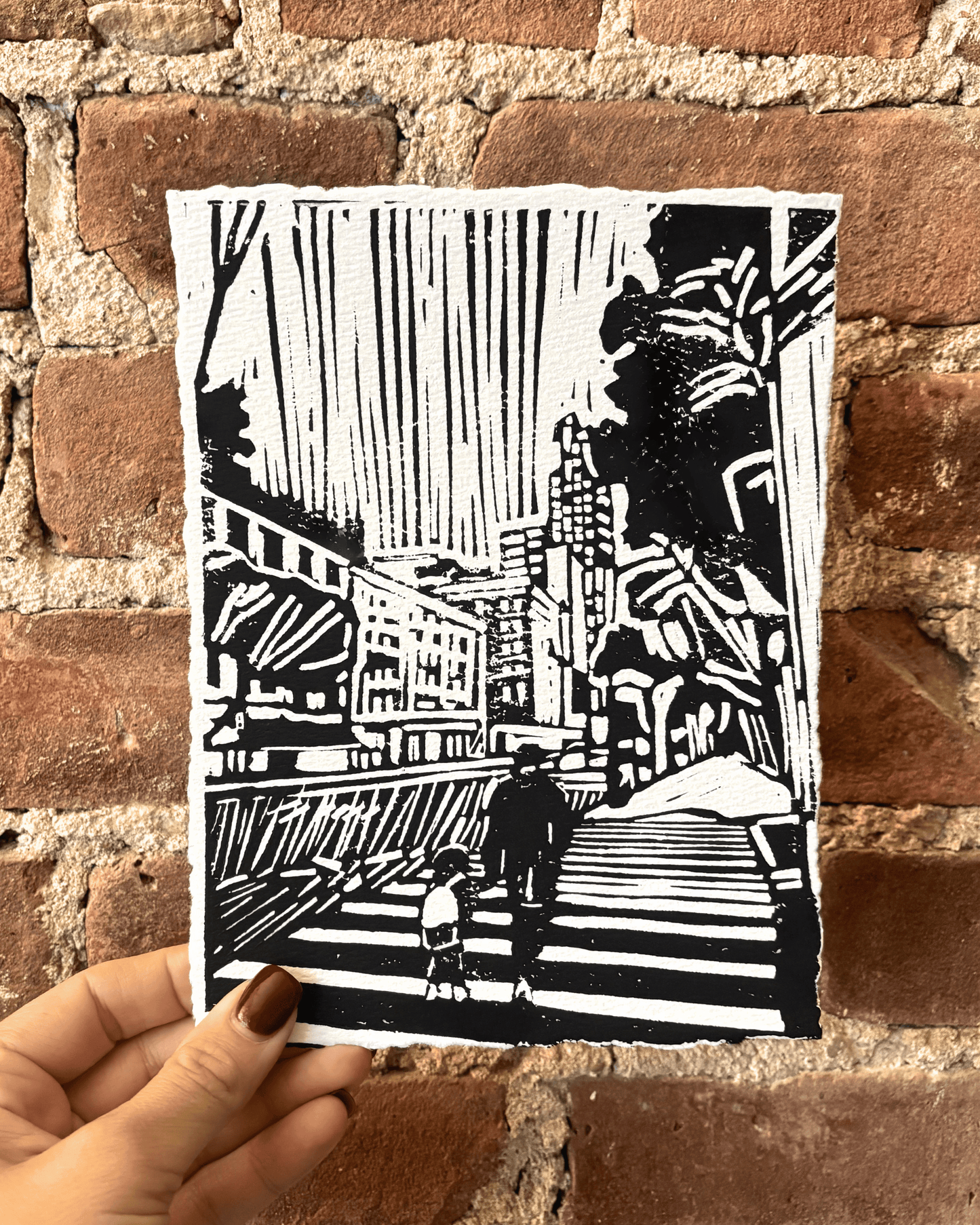 "Morning Drop Off" 8x6" Original Linocut Block Print