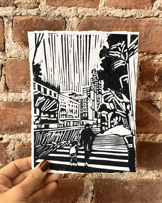 "Morning Drop Off" 8x6" Original Linocut Block Print