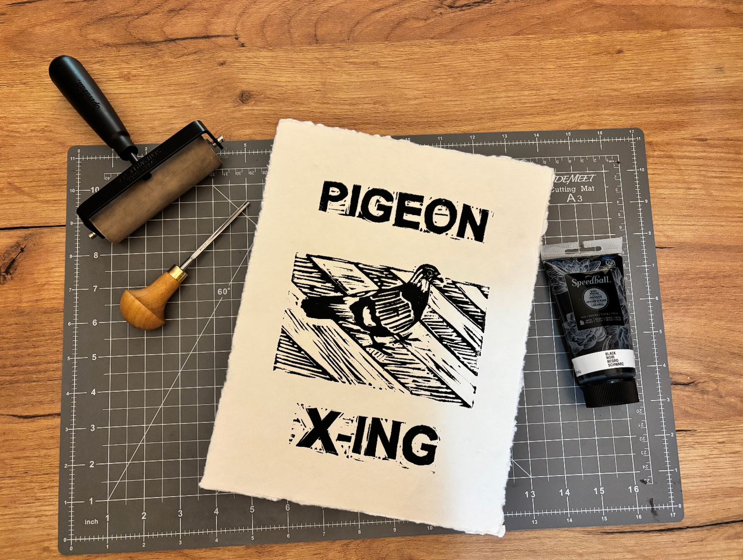 "Pigeon Crossing" 8.5x11" Original Linocut Block Print